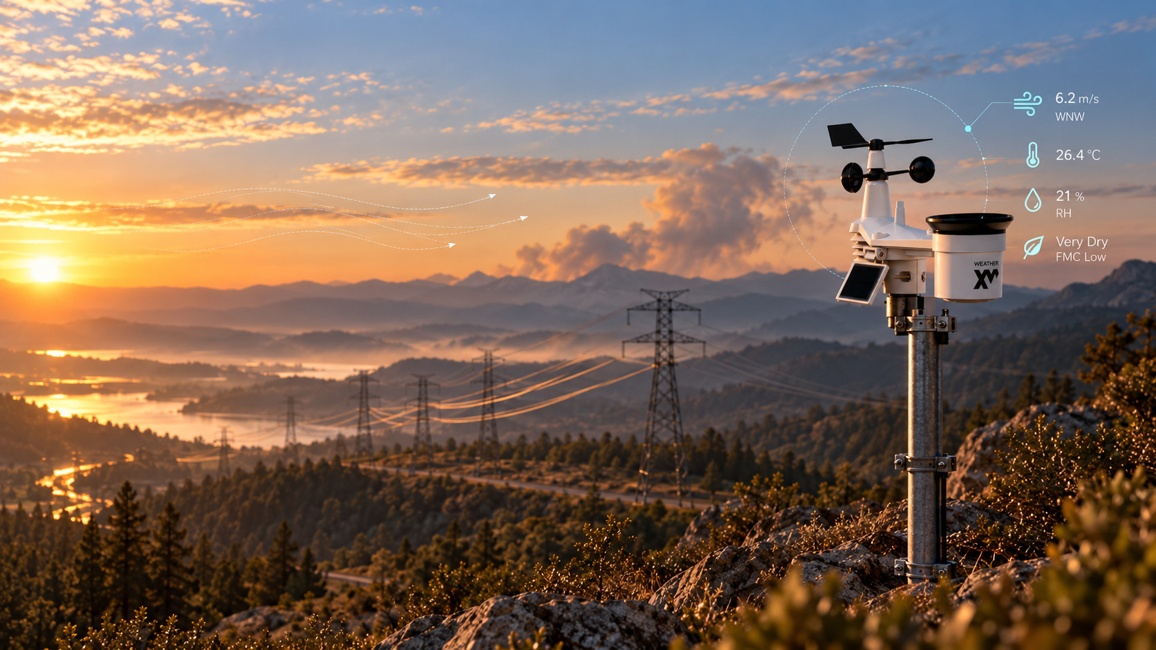 WeatherXM station overlooking a transmission corridor at sunset