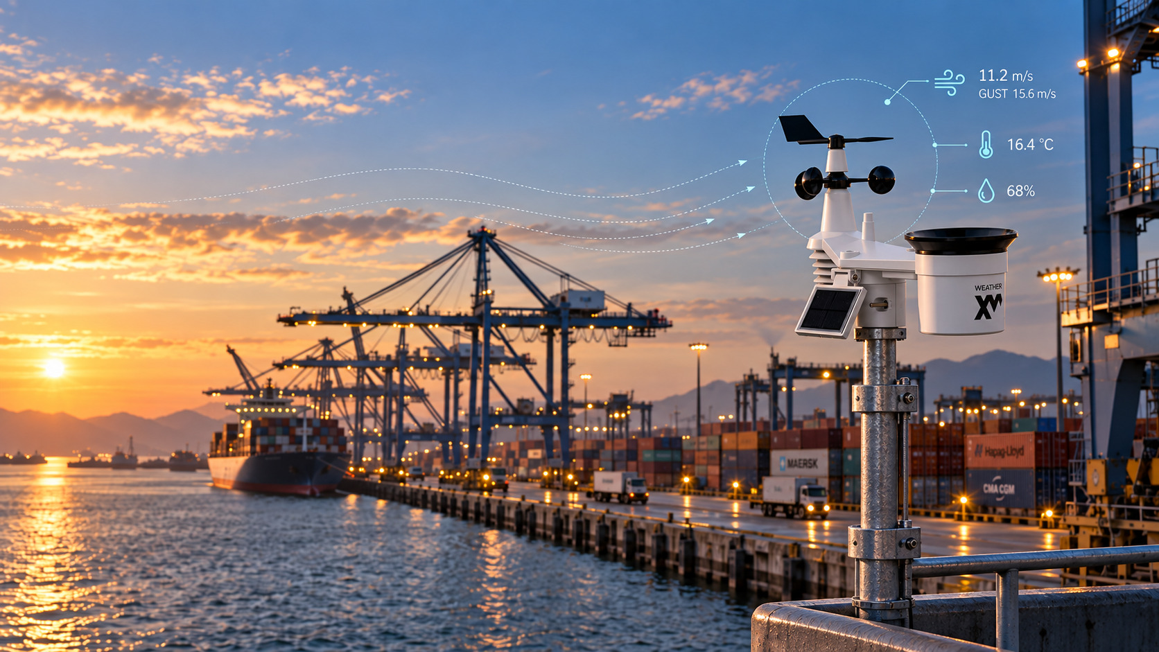 WeatherXM station on a container-terminal quay next to ship-to-shore cranes